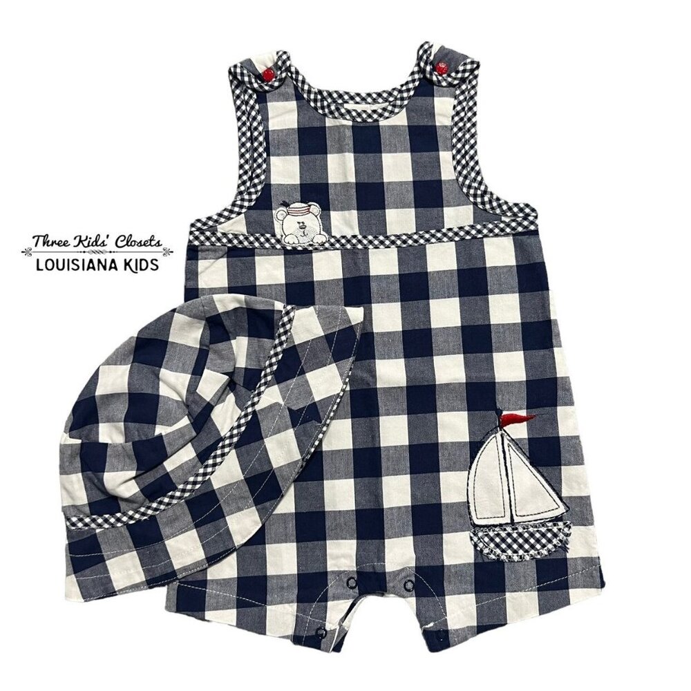 Nautical 9m Navy Gingham Appliqué Romper & Hat Set